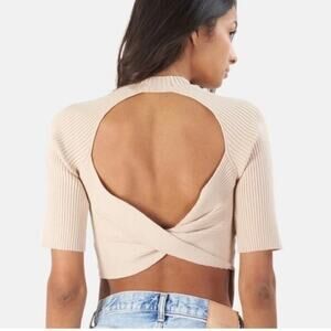 NWT NAADAM Twist Back Short Sleeve Top Beige Cashmere & Silk Blend Ribbed Small